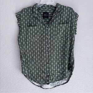 Jachs Girlfriend Olive Green Printed Cap-Sleeve Button-Down Shirt women’s L